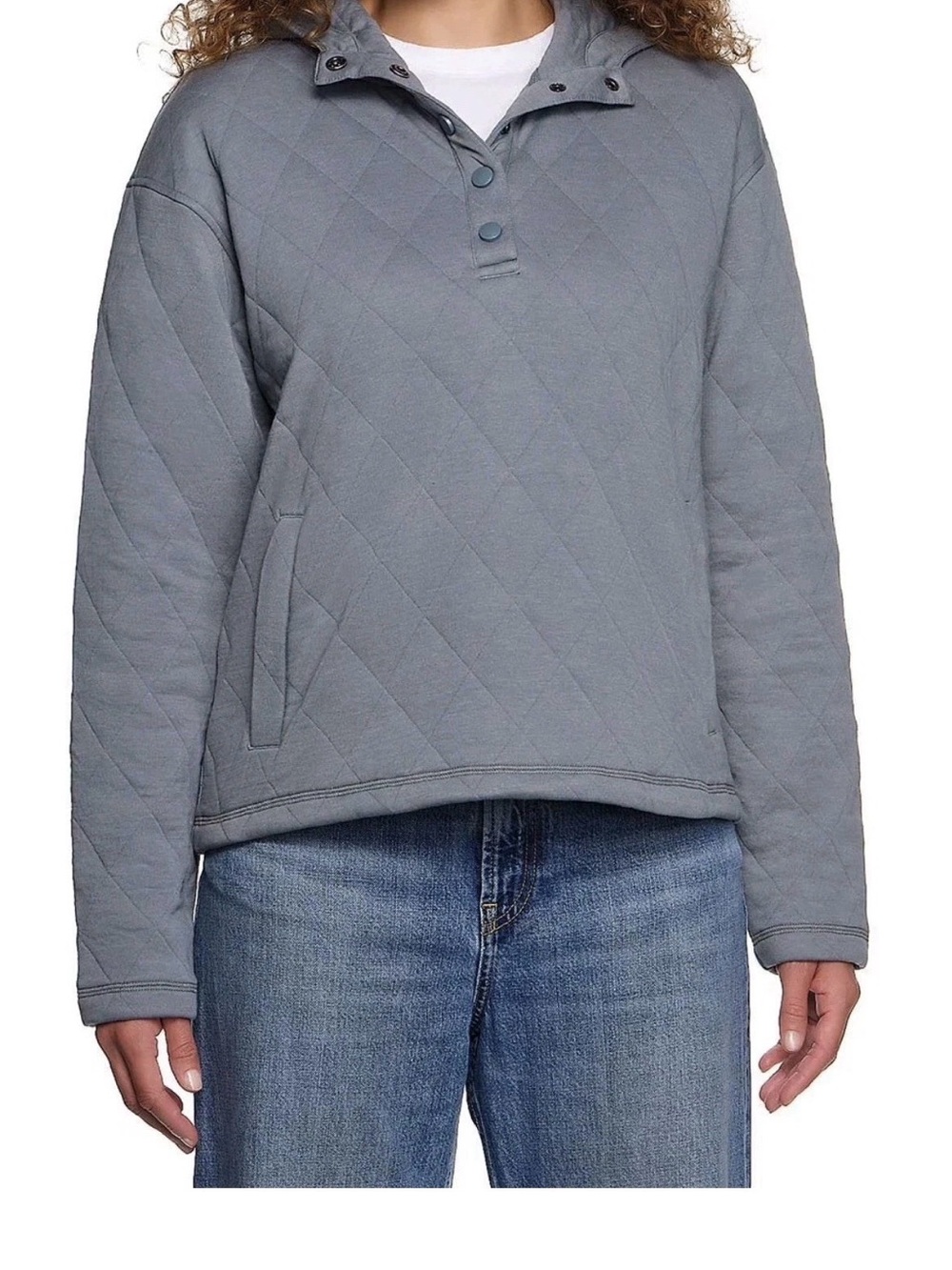 NWT Lands End Quilted Pullover Hoodie Snap Collar - Light Blue